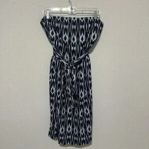 Athleta Anywhere Dress Strapless Blue White Ikat Pockets Ties Shelf Bra Size 16